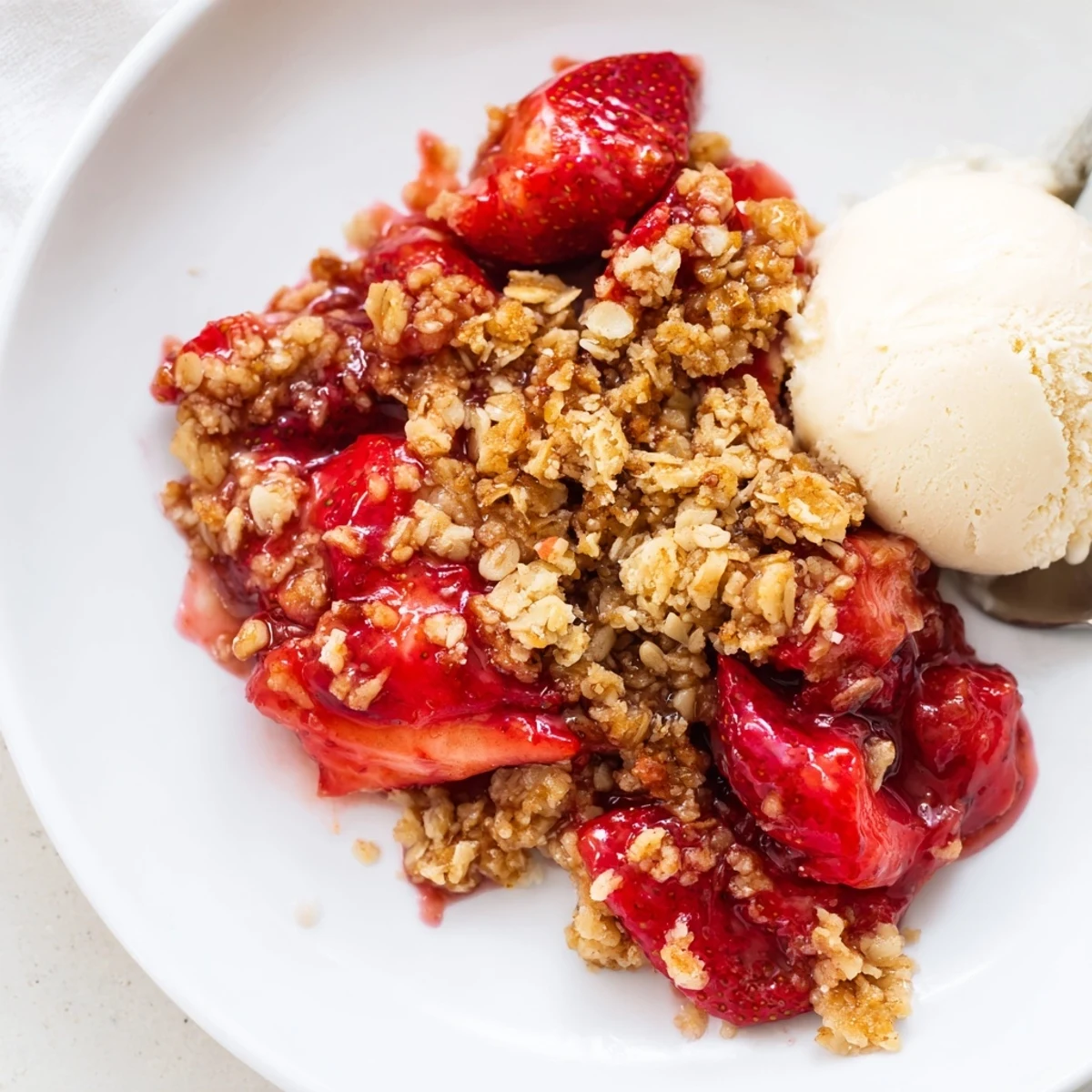 Slice of Fresh Strawberry Crisp Recipe topped with melting vanilla ice cream.