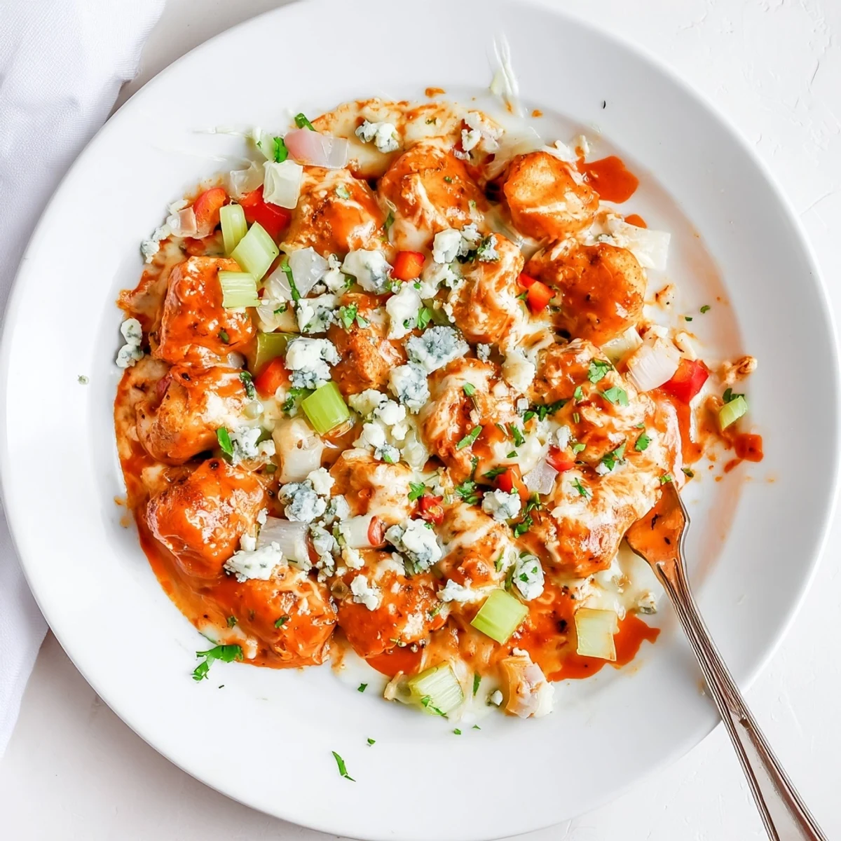 Sizzling in a cast-iron pan, Keto Buffalo Chicken Skillet with melted mozzarella.