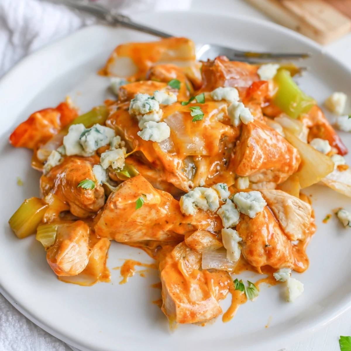 Spicy, creamy Keto Buffalo Chicken Skillet plated with cauliflower rice for low carb dinner.