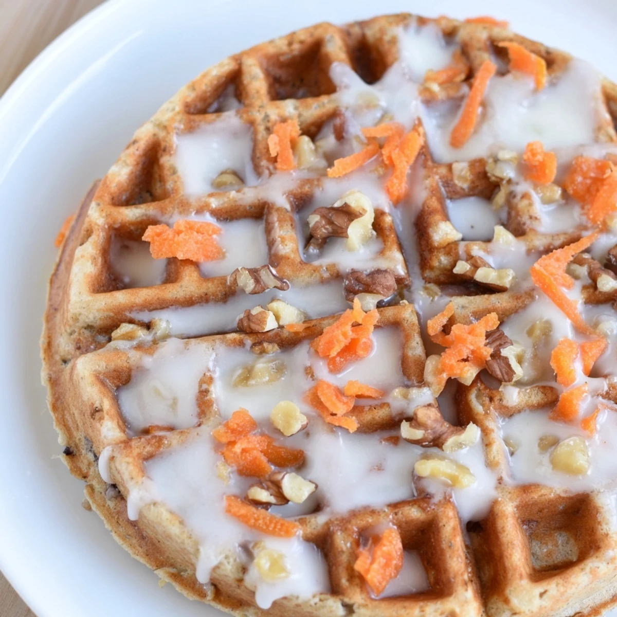 Warm Carrot Cake Waffles dusted with cinnamon, served with cream cheese glaze