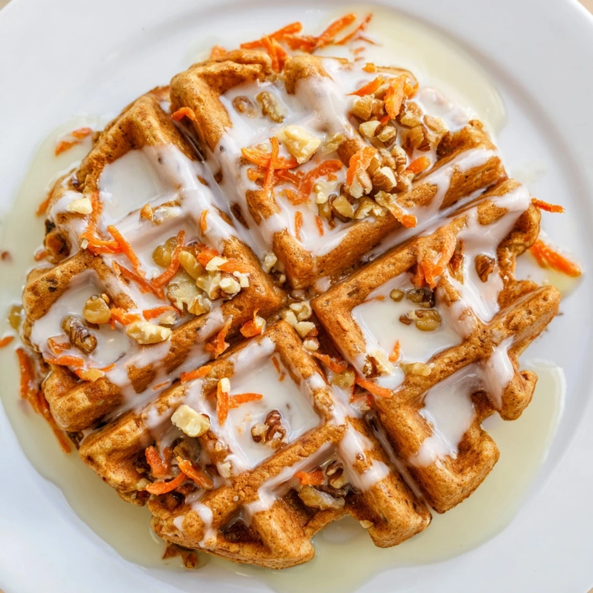Crispy homemade Carrot Cake Waffles topped with chopped pecans and maple syrup