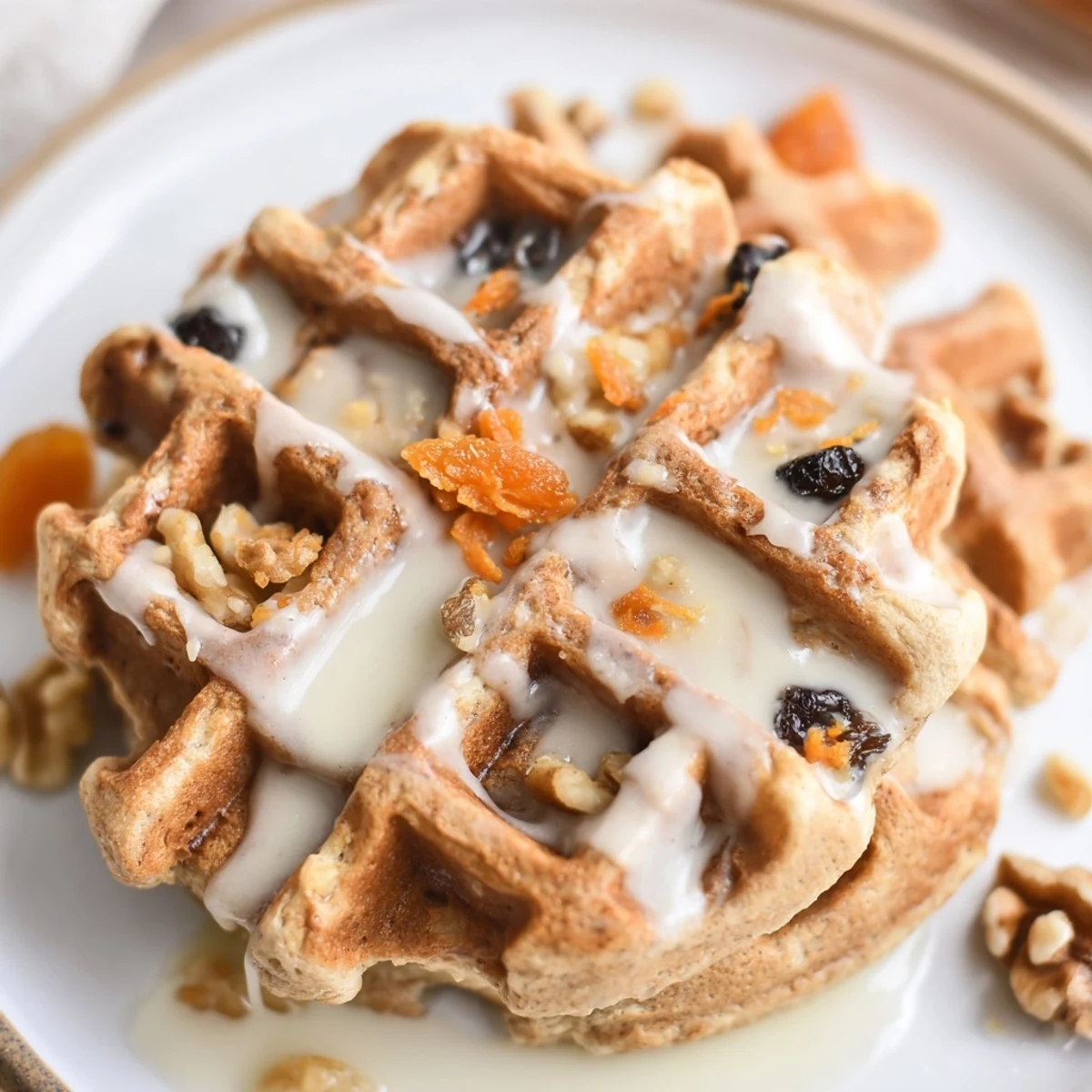 Fluffy Carrot Cake Waffles steaming on plate, spiced aroma and moist interior