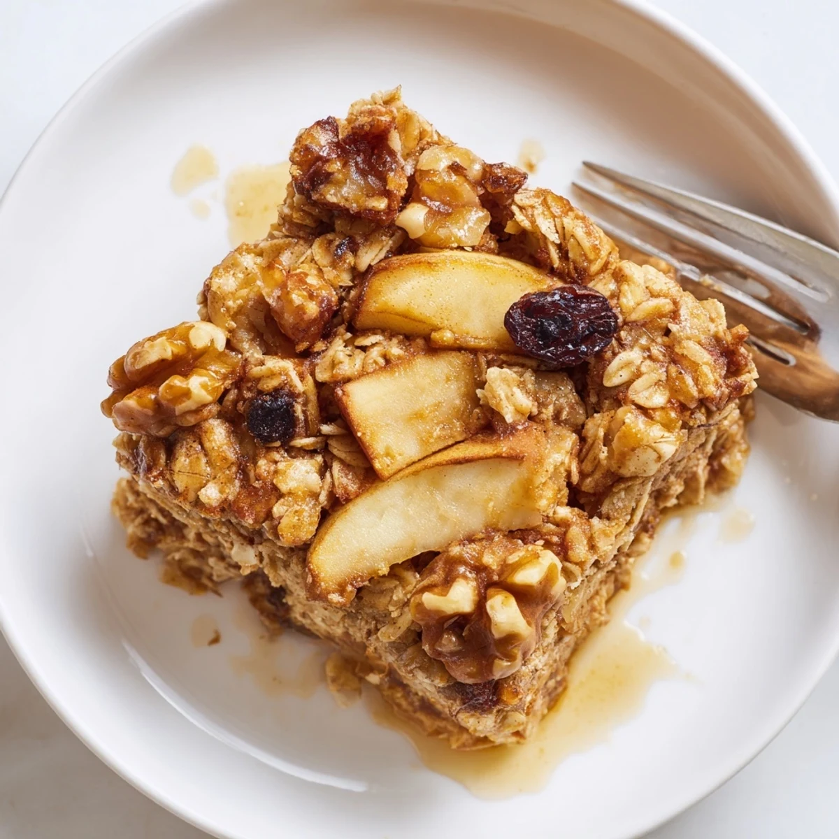 Bubbly golden top on Delicious Apple Cinnamon Oatmeal Bake Recipe For Mornings, spoon-ready.