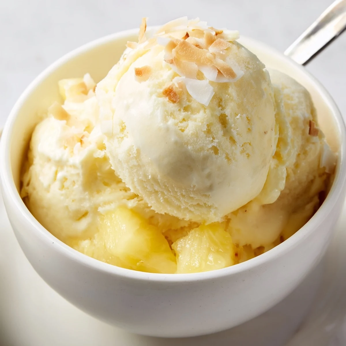 Creamy Pineapple Ice Cream scooped in bowl, tropical aroma and silky texture