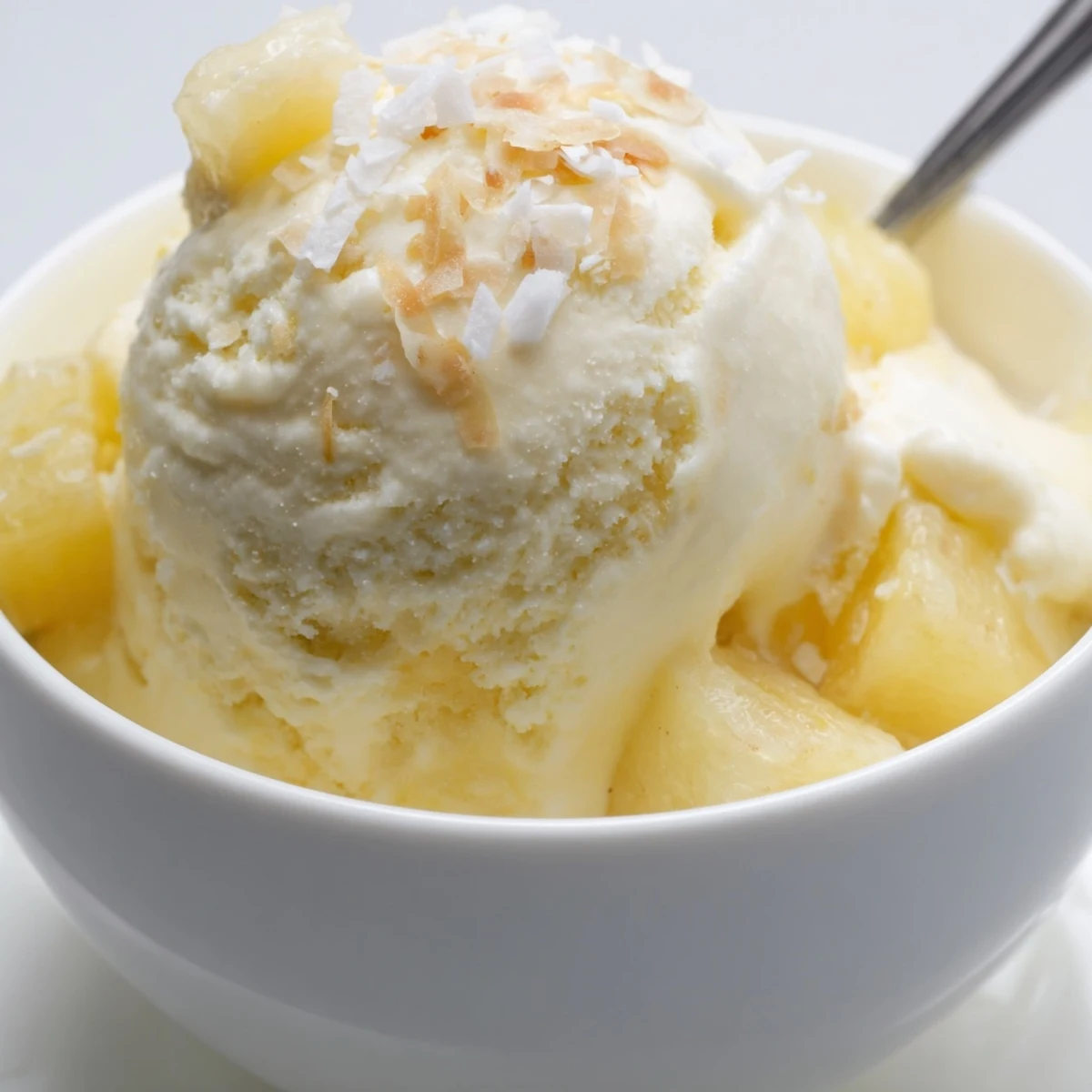 Serving suggestion: Creamy Pineapple Ice Cream with toasted coconut and rum drizzle