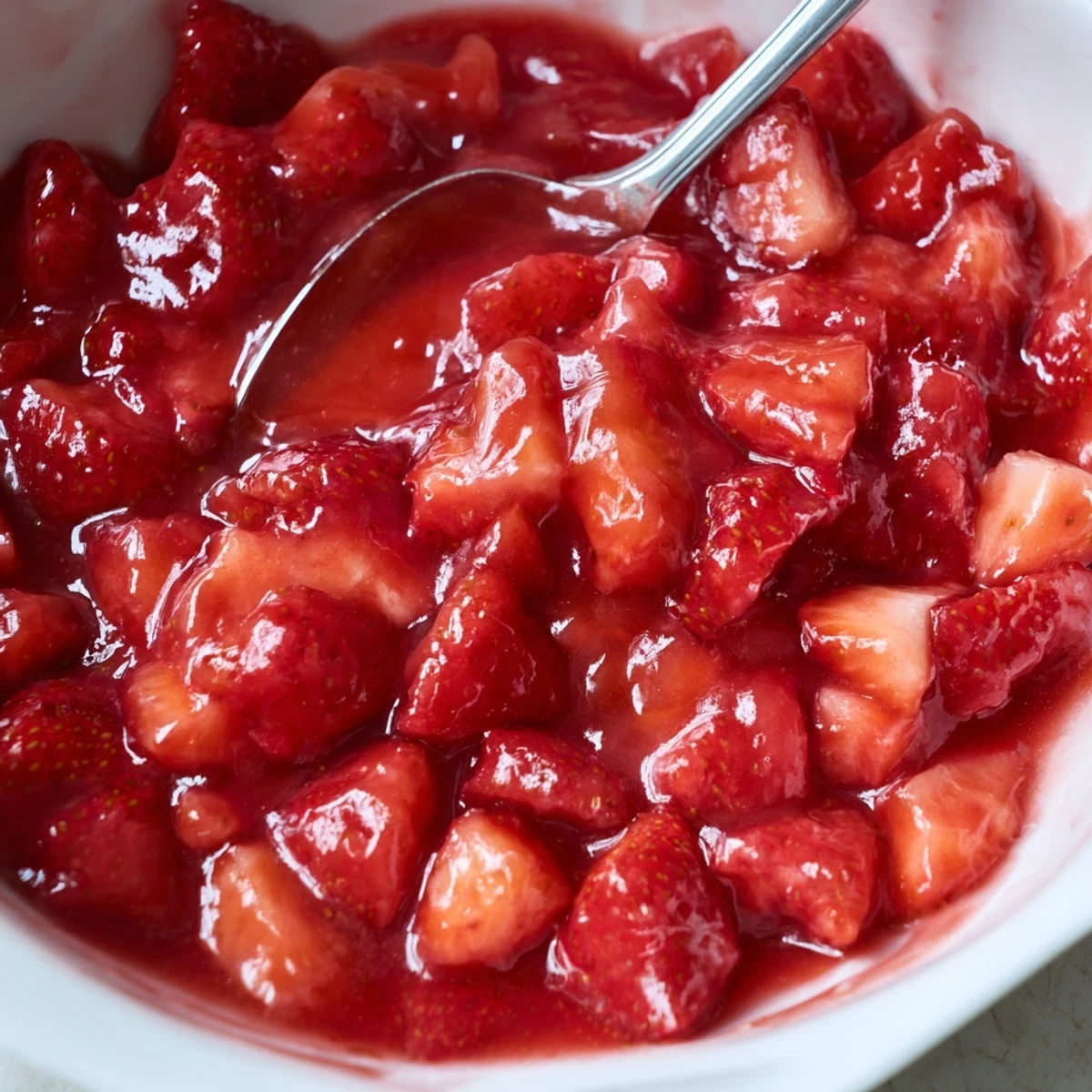 Close-up spoon drizzling warm Strawberry Cake Filling Recipe over freshly baked cupcakes