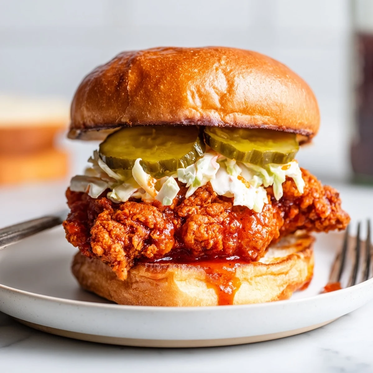 Spicy Nashville Hot Chicken Sandwiches piled on toasted brioche, creamy slaw, pickles.  