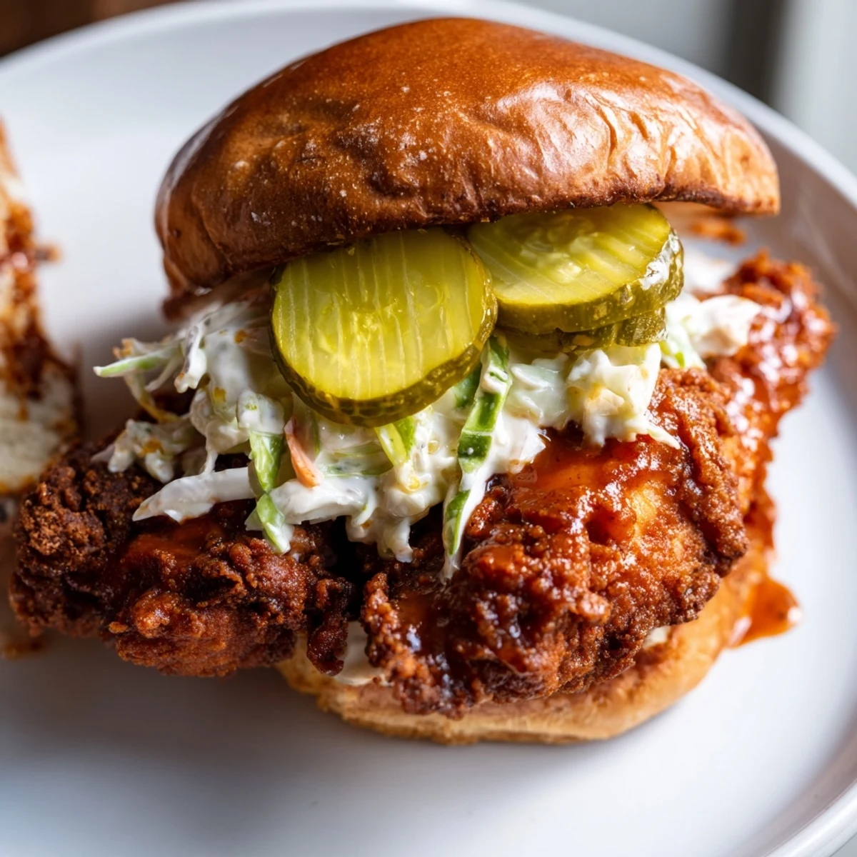Crispy Spicy Nashville Hot Chicken Sandwiches brushed with fiery oil, ready to serve.  