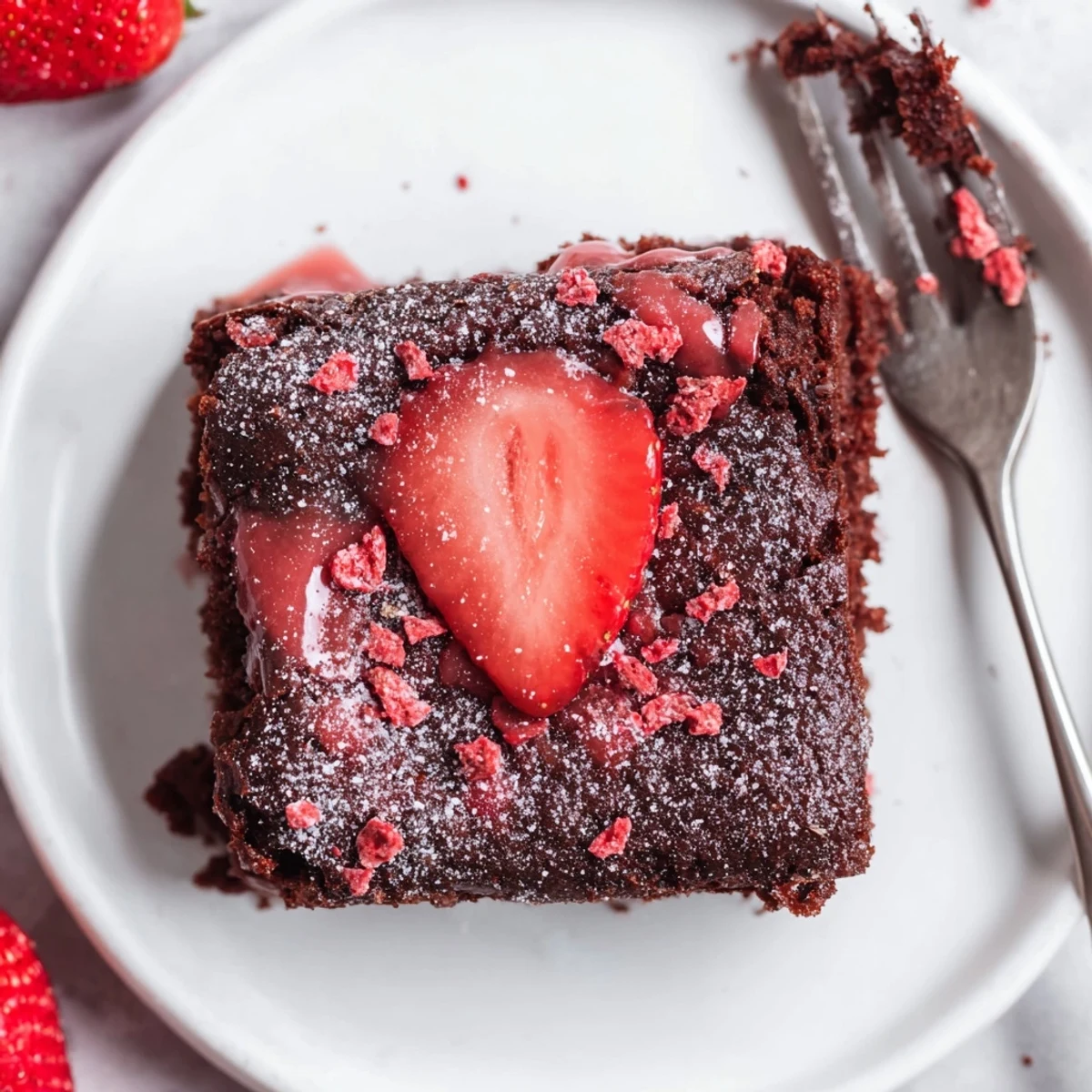 Strawberry Brownies Recipe: fudgy squares glazed with pink strawberry icing, served warm.