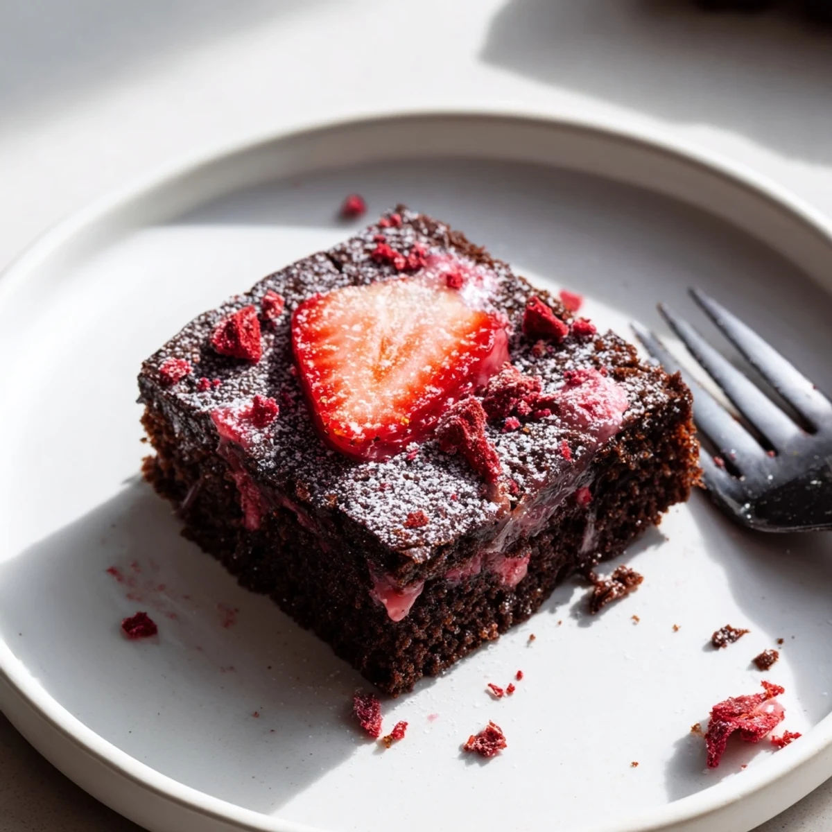 Homemade Strawberry Brownies Recipe stacked on plate, aroma of fresh berries.