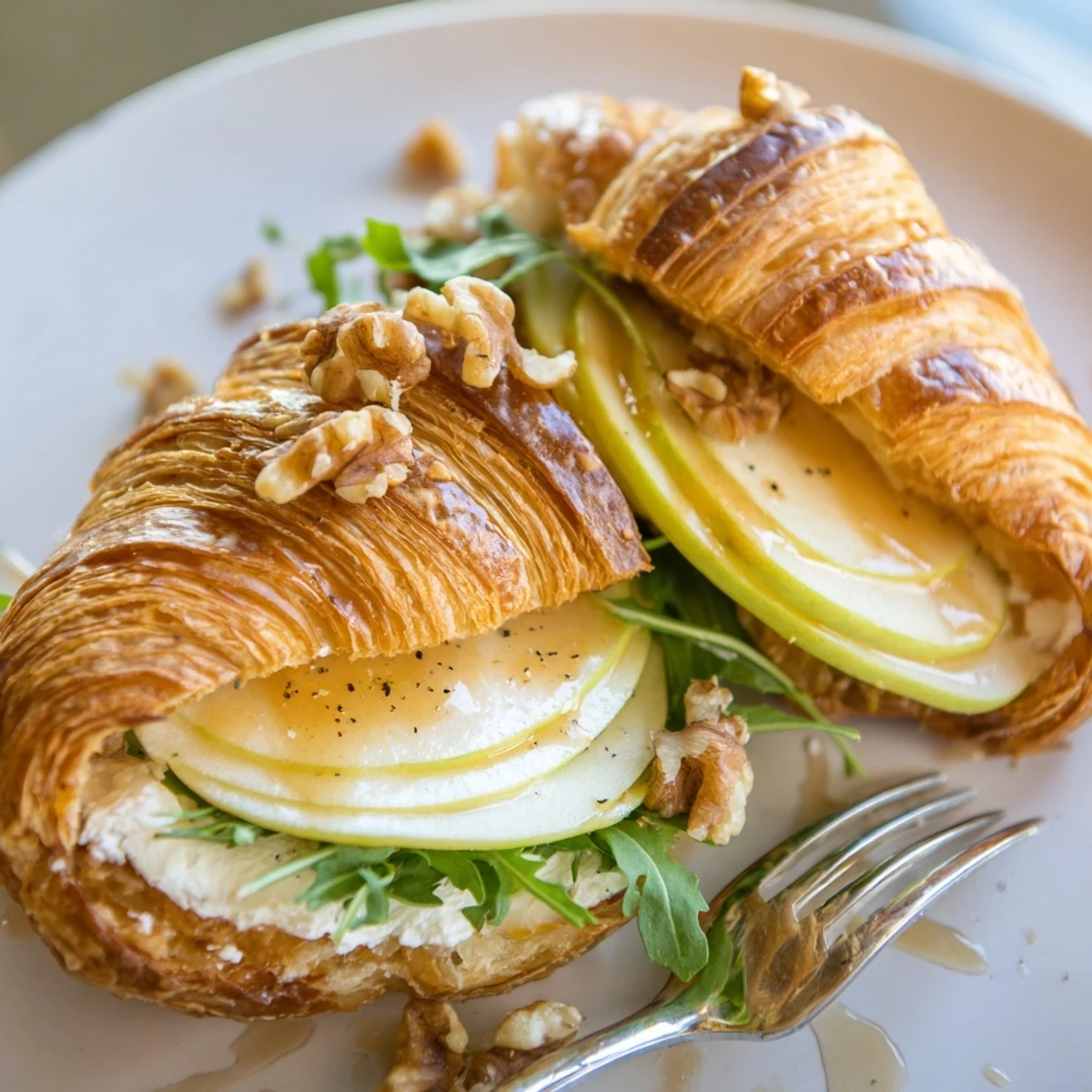 Buttery Apple Goat Cheese Croissant Sandwich sliced open, crisp apples and creamy cheese.