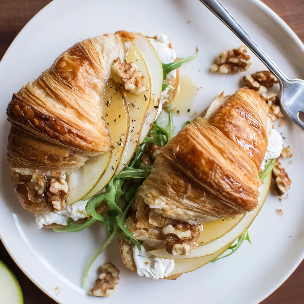 Toasted Apple Goat Cheese Croissant Sandwich halves reveal layers, crunchy walnuts, peppered arugula.