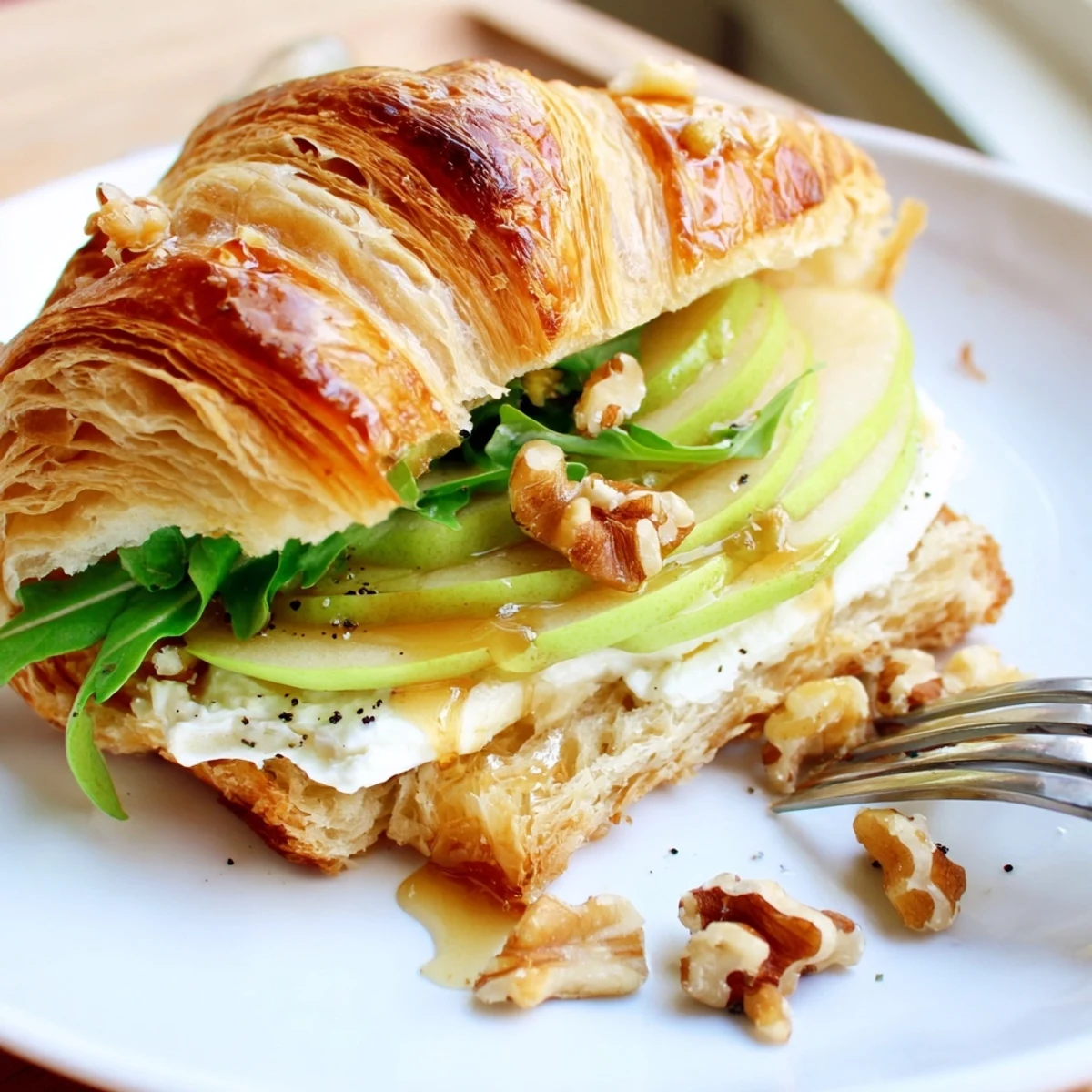 Apple Goat Cheese Croissant Sandwich on plate with arugula, drizzled honey, light brunch.