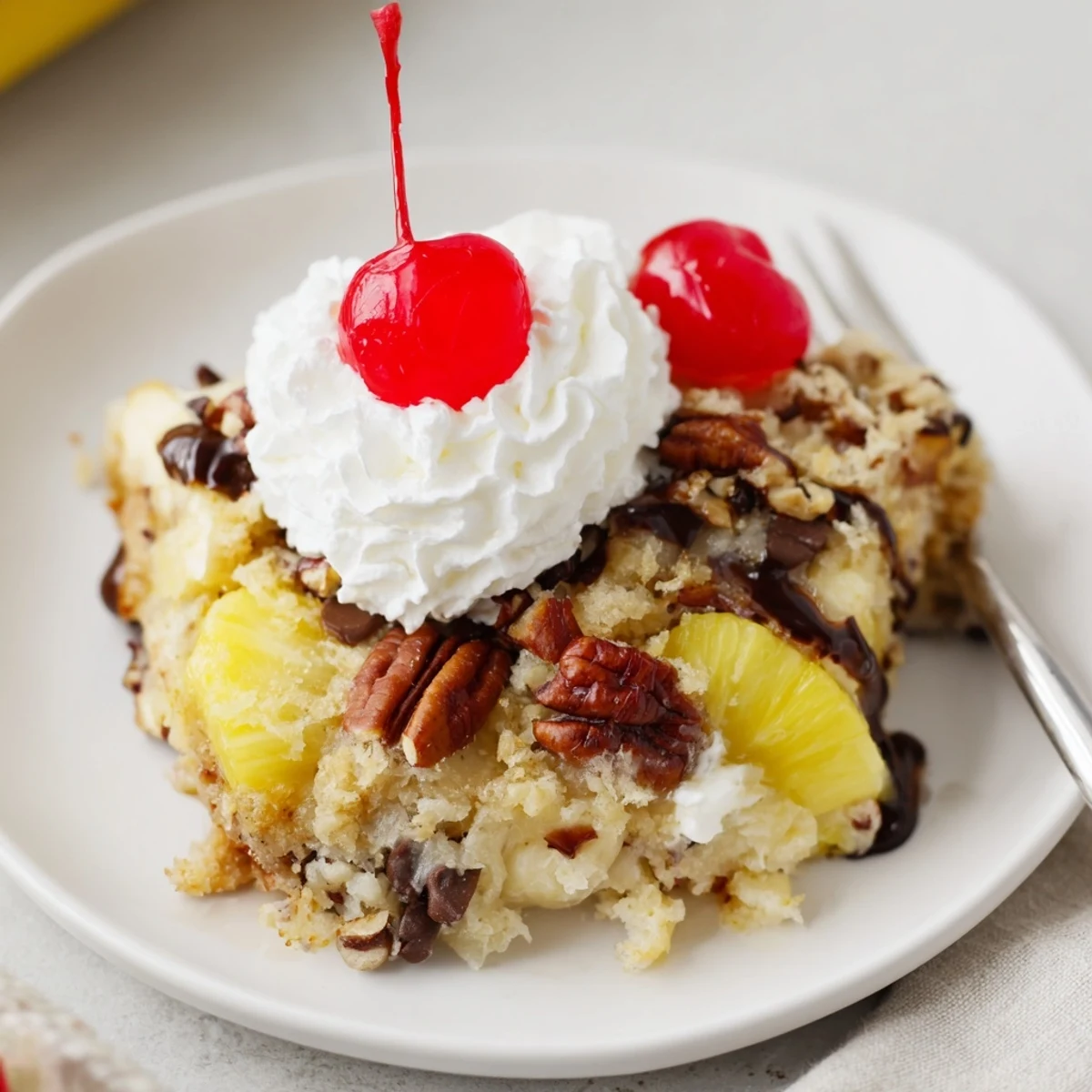 Warm Banana Split Dump Cake bubbling with pineapple, bananas, chocolate chips