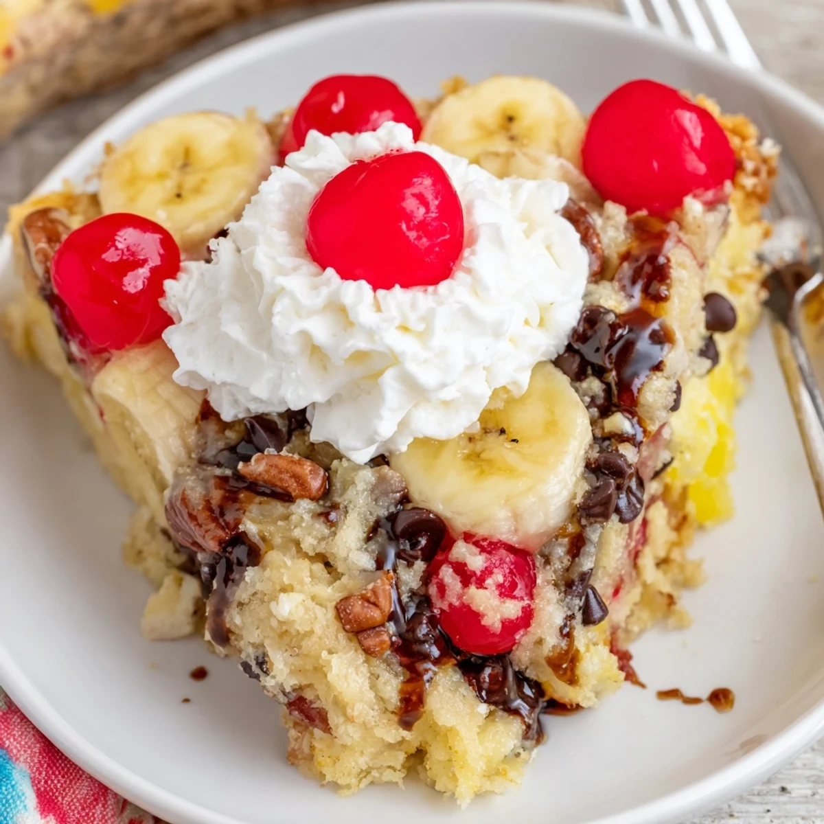 Sliced bananas and cherries topping a freshly baked Banana Split Dump Cake