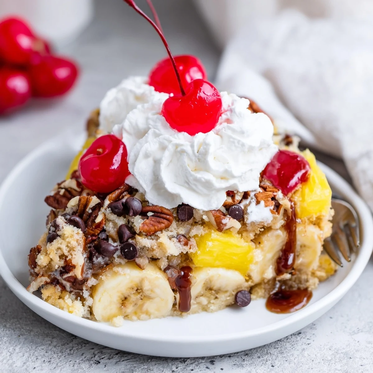Creamy whipped topping and vanilla ice cream beside a warm Banana Split Dump Cake