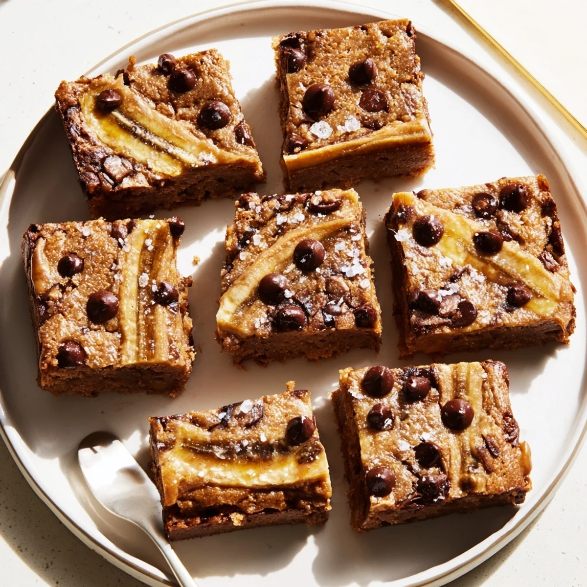 Homestyle Flourless Peanut Butter Banana squares sprinkled with sea salt, fudgy texture