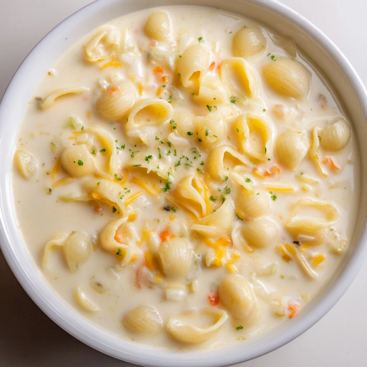 Creamy Mac And Cheese Soup ladled into bowl with crunchy toasted bread