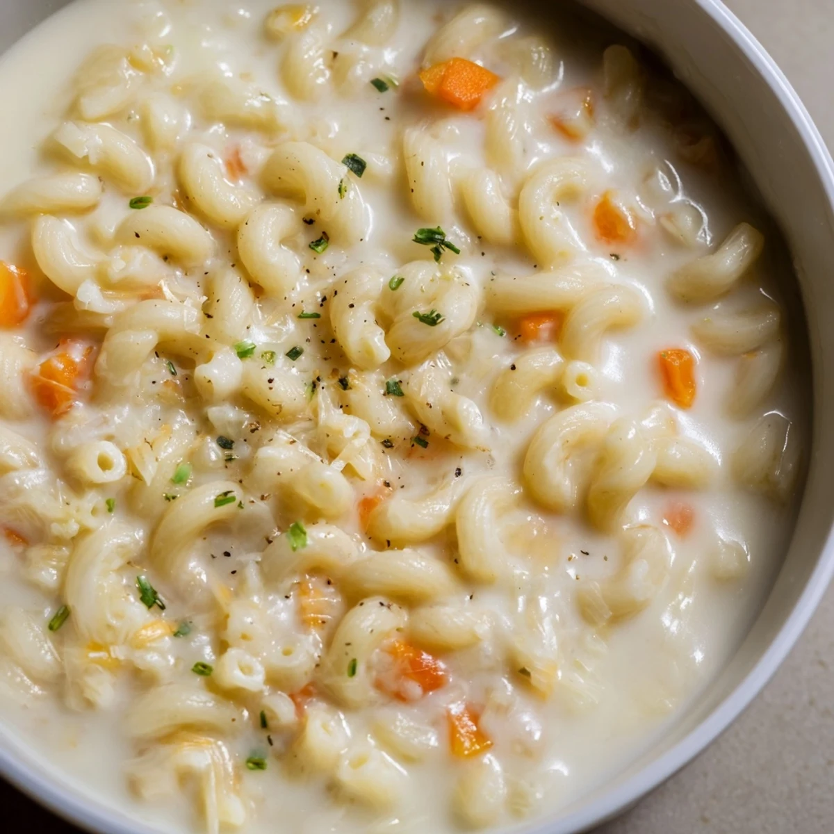 Steaming bowl of Mac And Cheese Soup, silky cheddar broth topped with chives