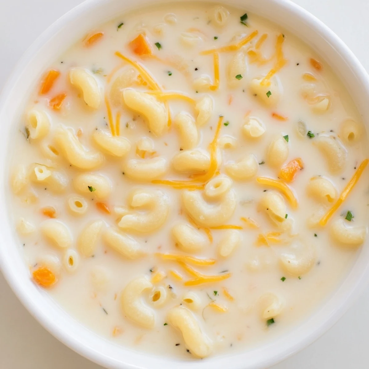 Warm Mac And Cheese Soup garnished with crispy bacon bits and pepper