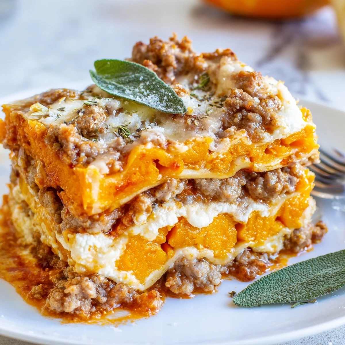 Butternut Squash Sausage Lasagna bubbling golden, cheese stretch, roasted squash visible