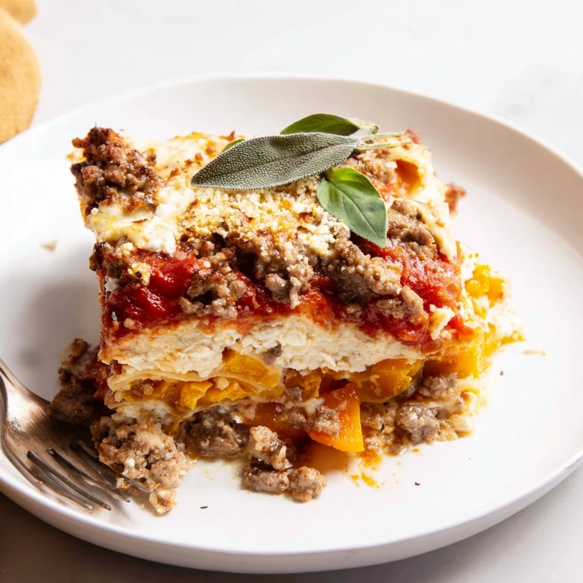 Family-style Butternut Squash Sausage Lasagna with caramelized squash and bubbling marinara