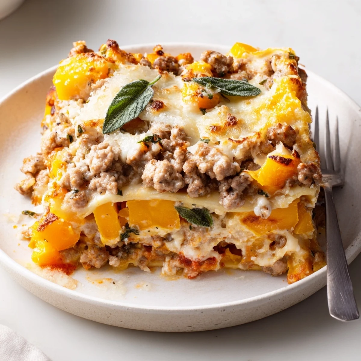 Sliced Butternut Squash Sausage Lasagna cooling on counter, fragrant basil garnish