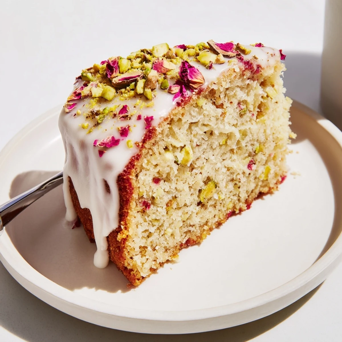 Persian Love Cake Almond topped with rosewater icing and chopped pistachios, moist
