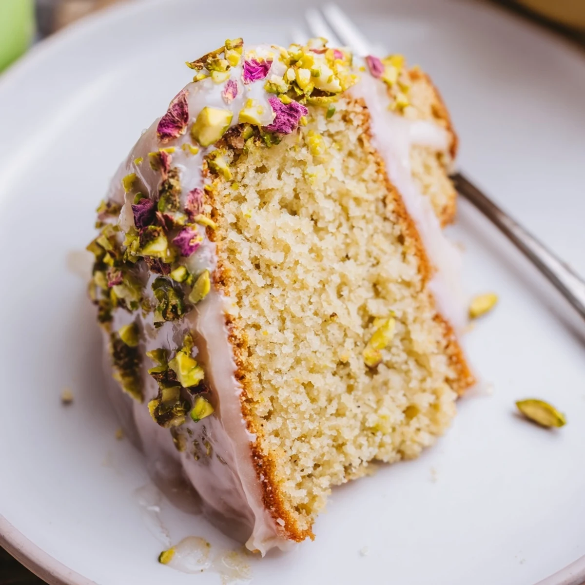 Sliced Persian Love Cake Almond on plate, cardamom aroma, ready for tea