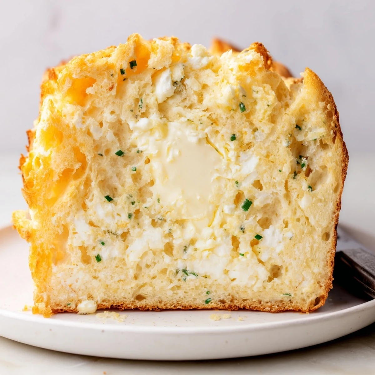 Warm sliced Cottage Cheese Loaf Bread with golden crust, soft creamy crumb.