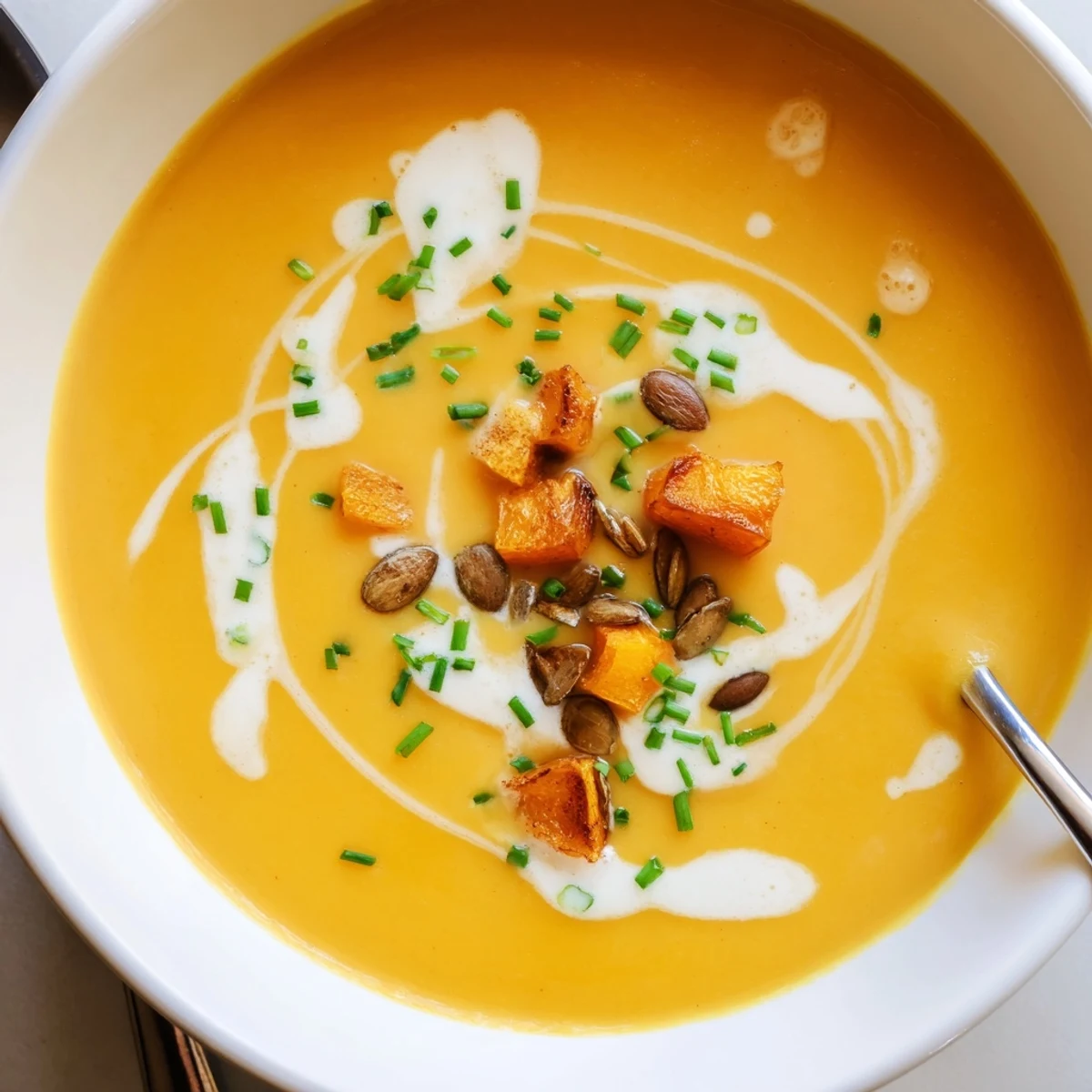 Steaming bowl of Cozy Butternut Squash Soup topped with toasted pumpkin seeds  