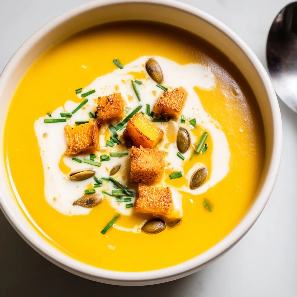 Creamy Cozy Butternut Squash Soup in pot, garnished with chives and cream  