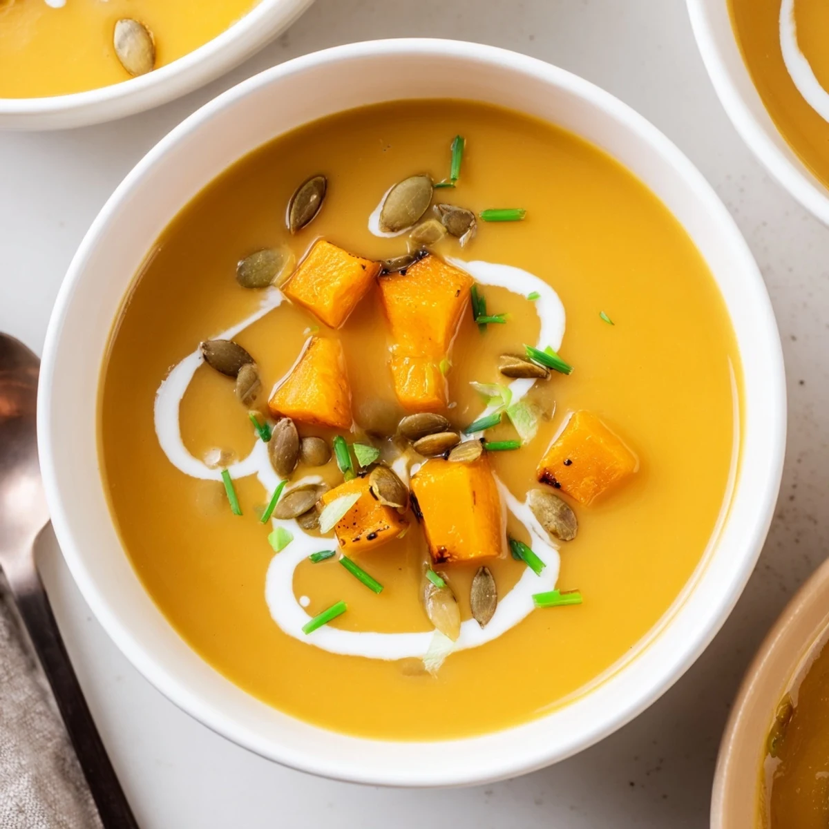 Roasted squash and spices transformed into Cozy Butternut Squash Soup, served with bread