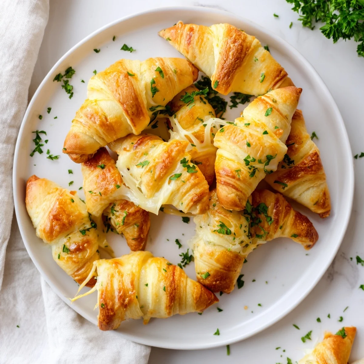 Golden brown cheesy garlic butter rollups brushed with parsley and served warm on a white plate