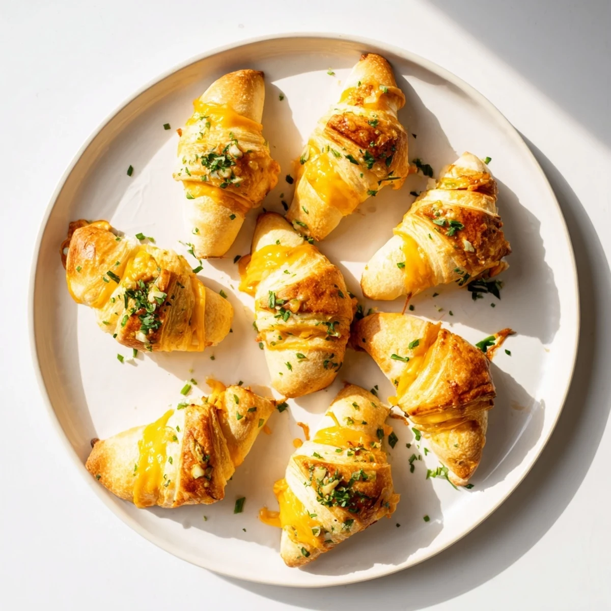 Freshly baked cheesy garlic butter rollups with bubbling cheese center and glossy butter topping on baking sheet