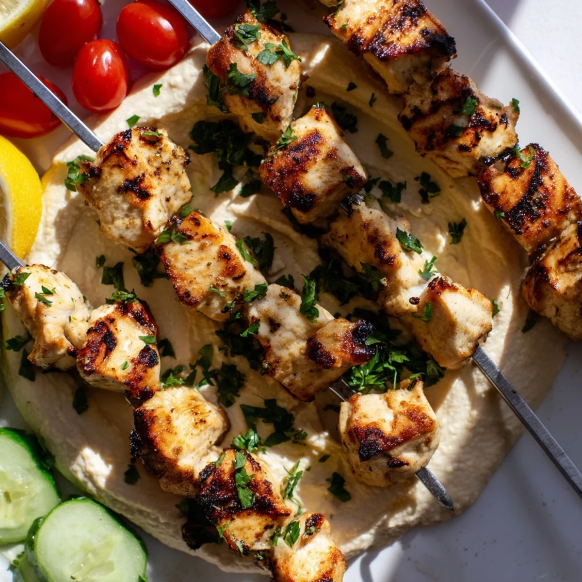Golden grilled Mediterranean chicken skewers arranged over creamy hummus spread with fresh parsley garnish