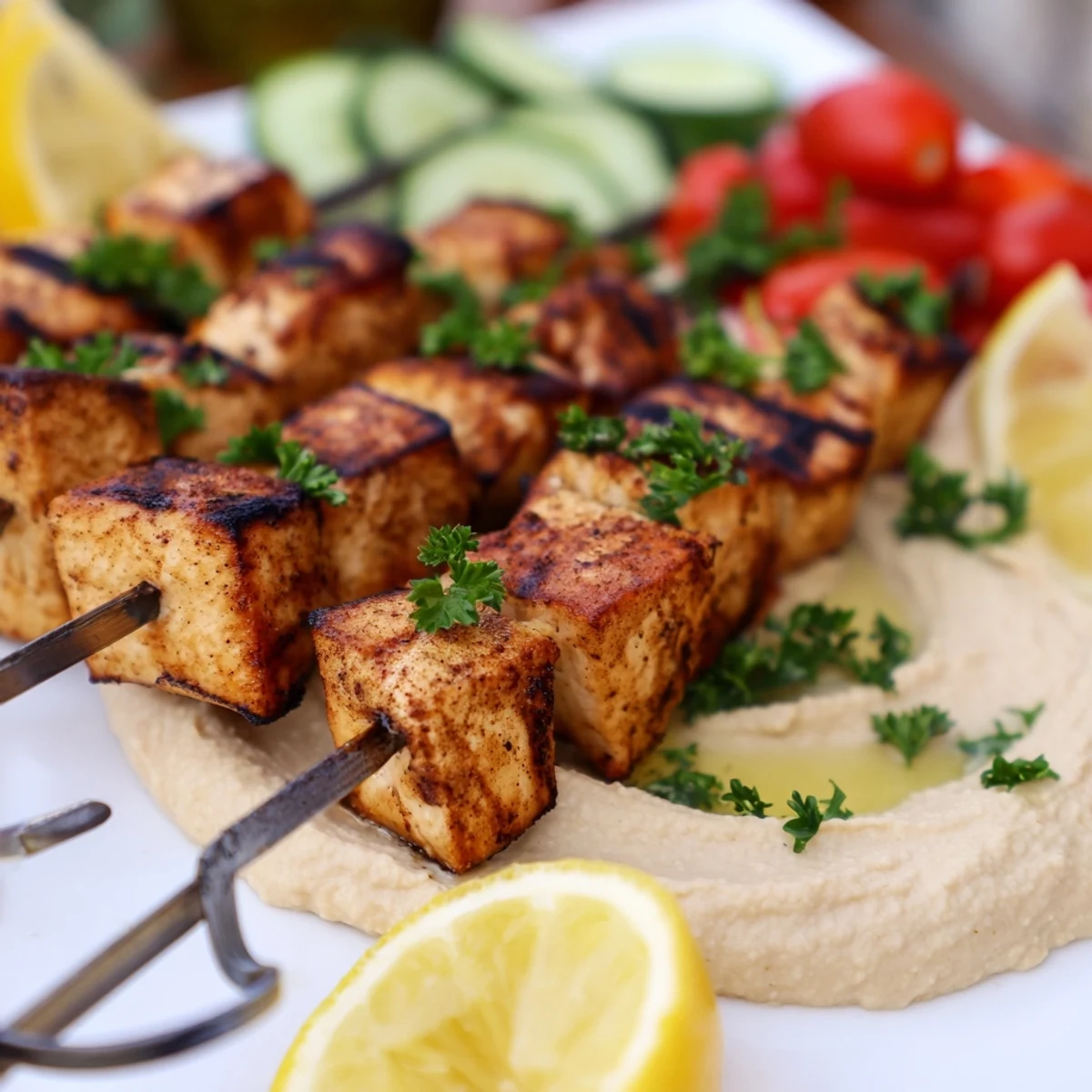 Tender marinated chicken pieces threaded on skewers, lightly charred and served with smooth classic hummus