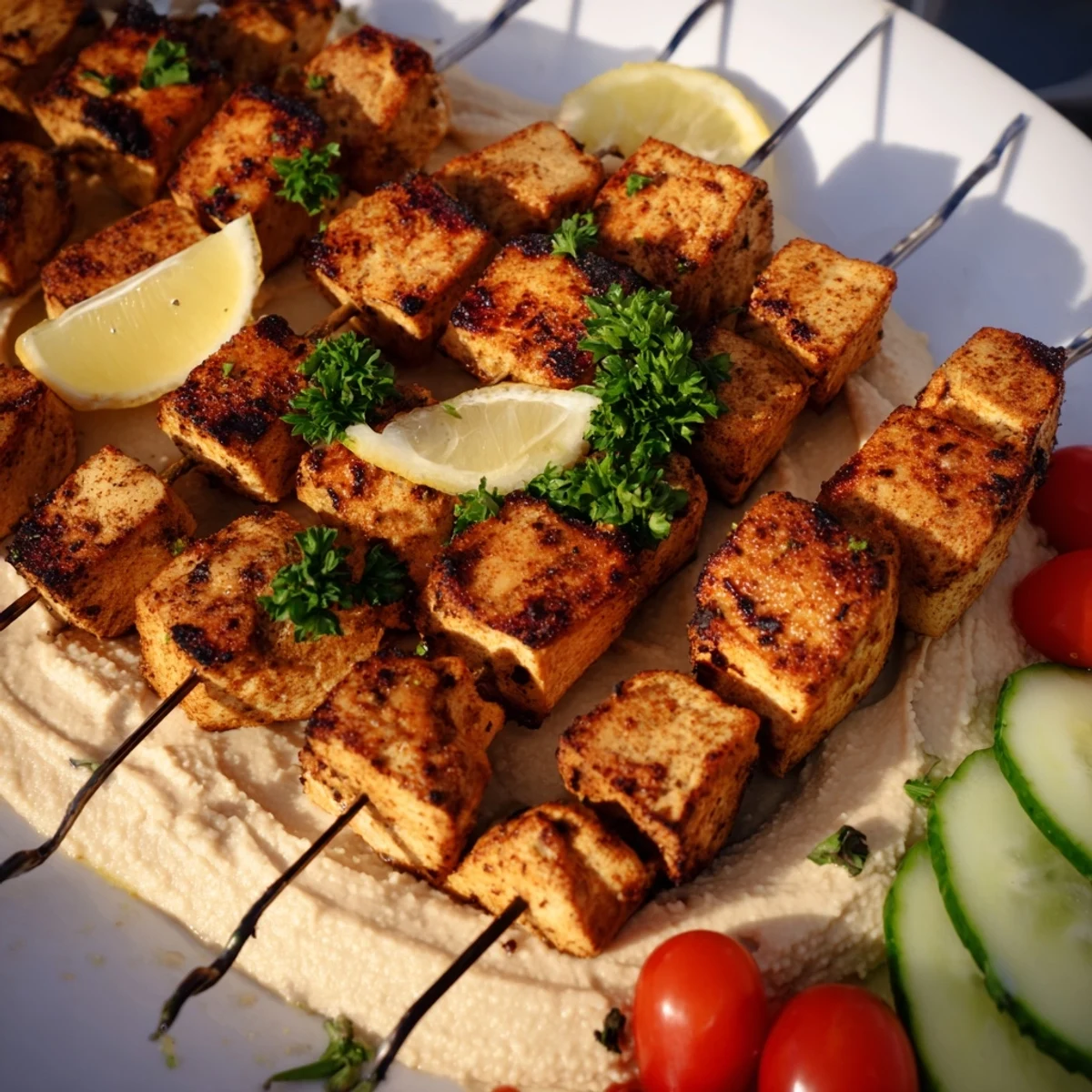 Juicy spiced chicken skewers resting atop velvety hummus platter, garnished with lemon wedges and herbs