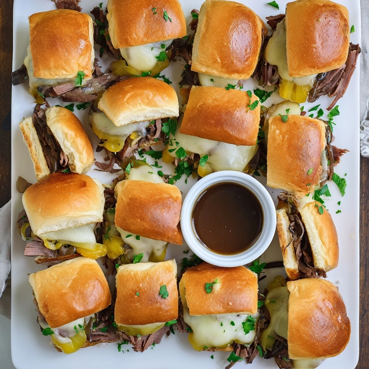 Golden melty provolone cheese tops tender roast beef French dip sliders piled on soft brioche rolls