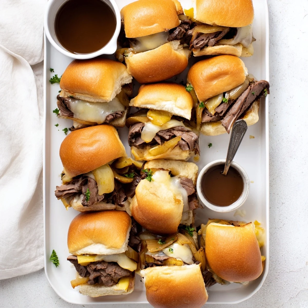 Savory roast beef and caramelized onions layered in French dip sliders served alongside rich beef broth for dipping