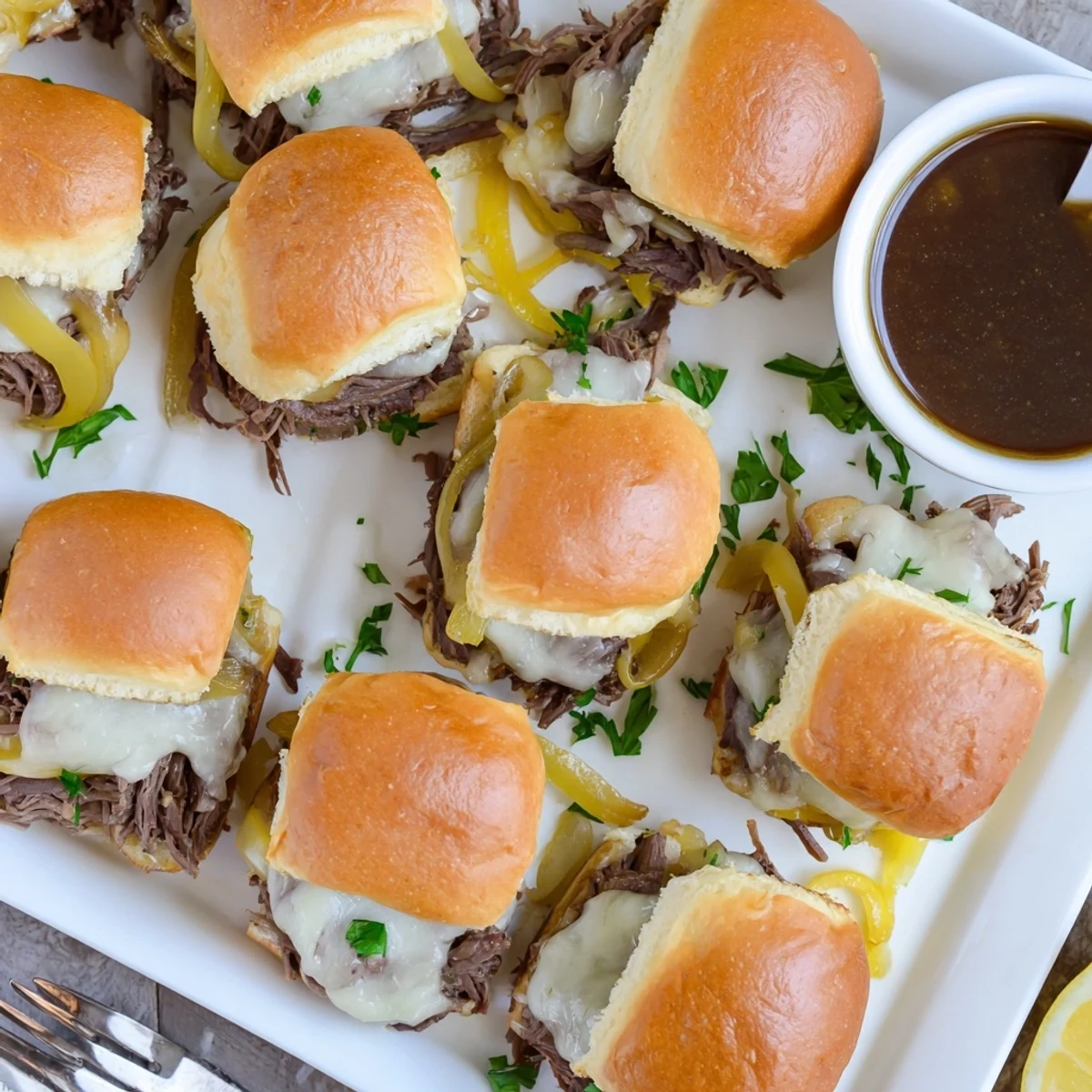 Baked until cheese melts perfectly these French dip sliders feature sliced beef and au jus for dunking