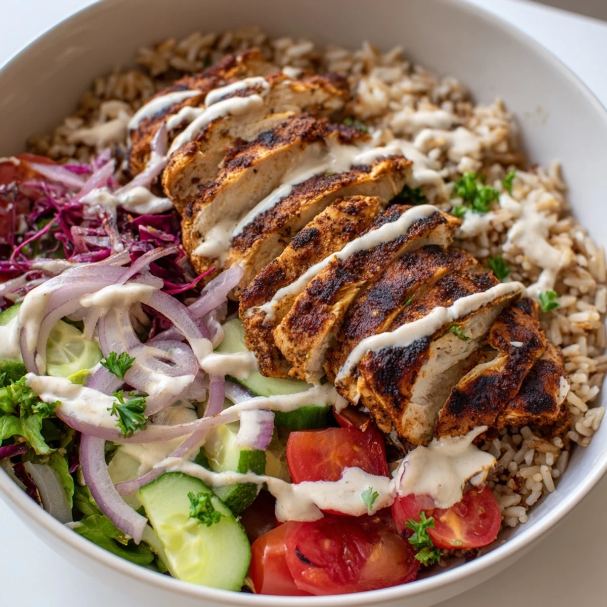Golden spiced chicken shawarma bowl with fresh vegetables and creamy tahini drizzle