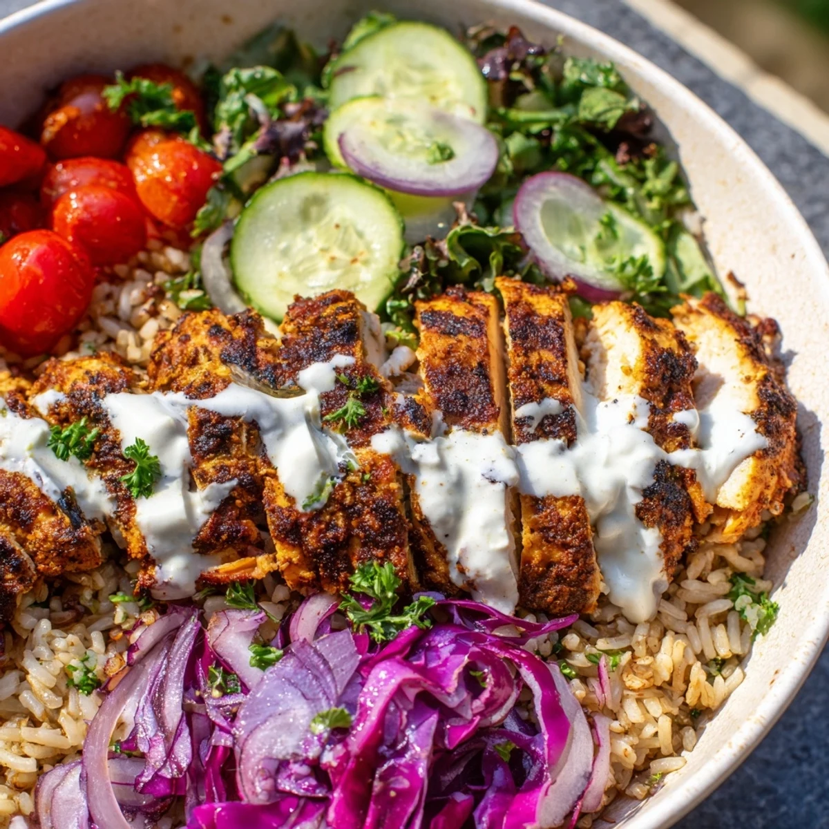 Vibrant Middle Eastern chicken shawarma bowl topped with tangy yogurt tahini sauce