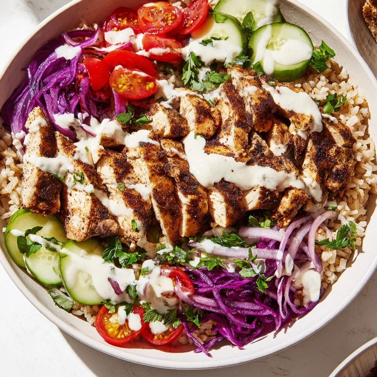 Healthy chicken shawarma bowl featuring marinated grilled chicken over colorful vegetable medley