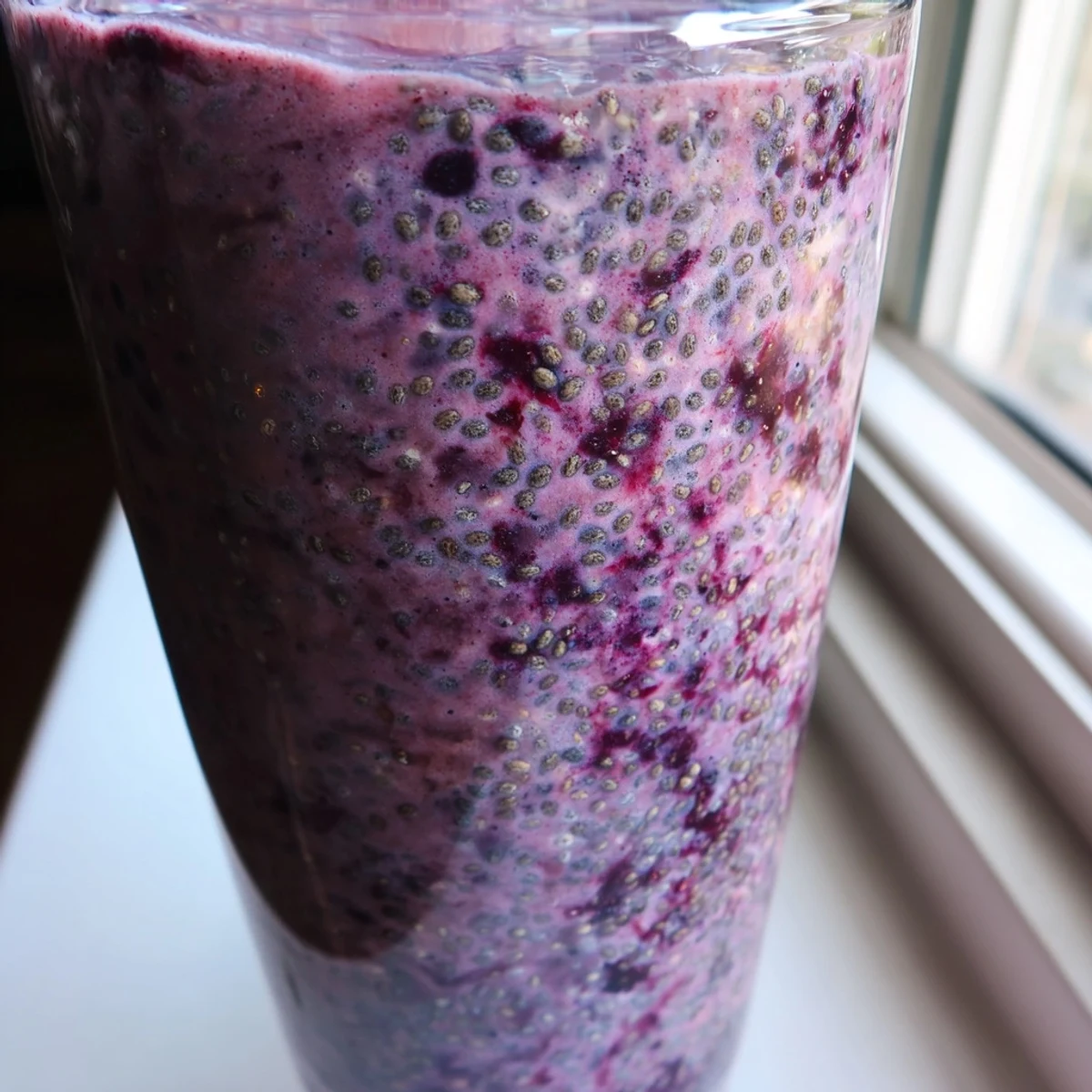 Vibrant purple chia seed smoothie poured into a glass with floating seeds and fresh berry garnish