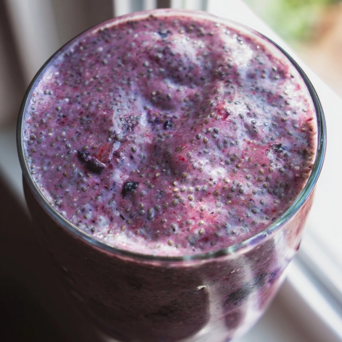 Creamy chia seed smoothie blended with mixed berries and banana in a tall clear glass