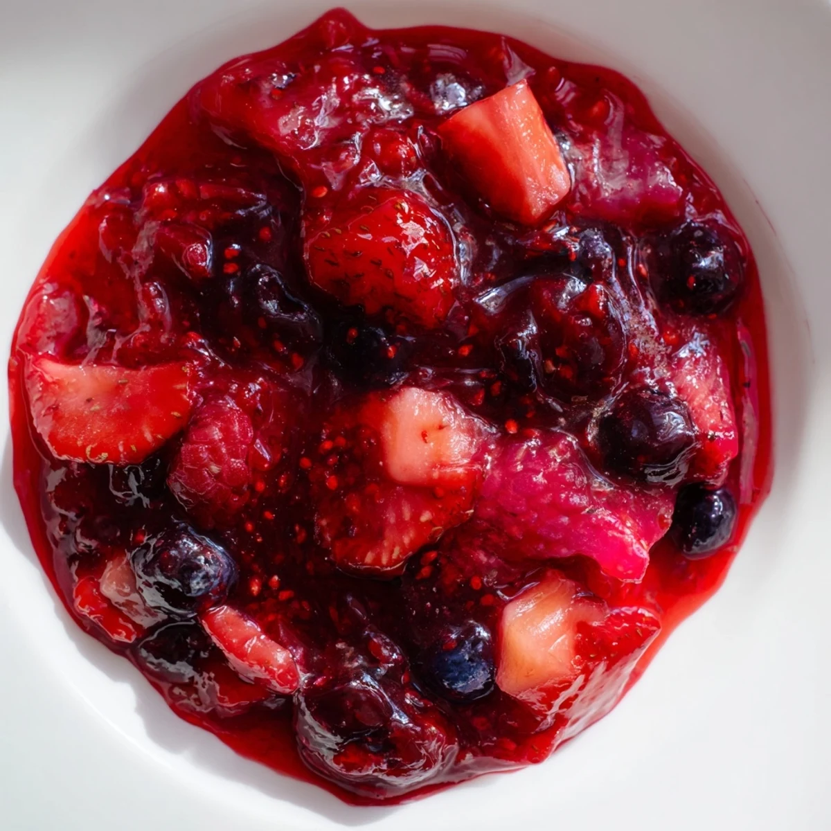 Vibrant crimson strawberry rhubarb raspberry jam with a berry twist glistening in a glass canning jar