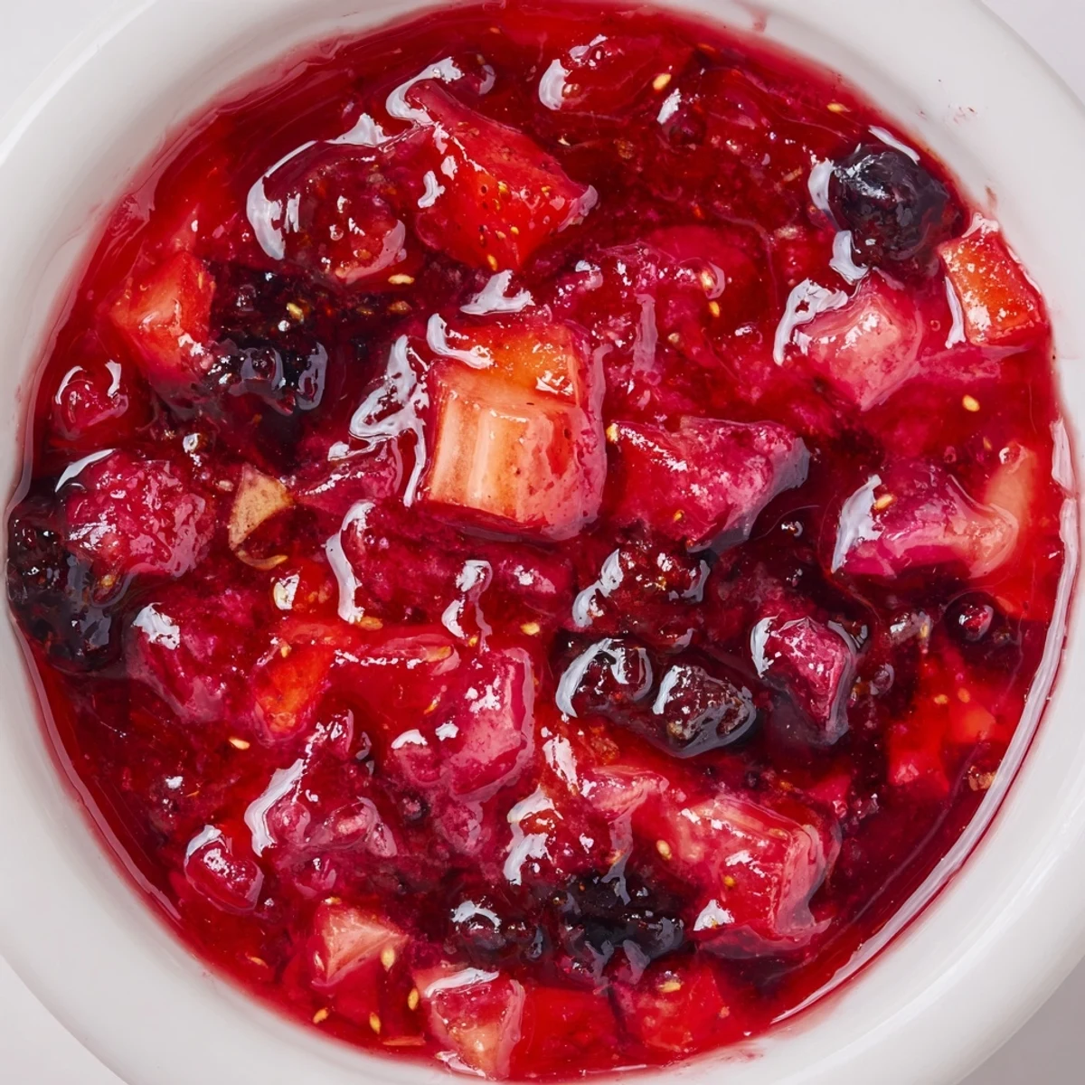 Glossy homemade strawberry rhubarb raspberry jam with a berry twist spooned onto fresh morning toast