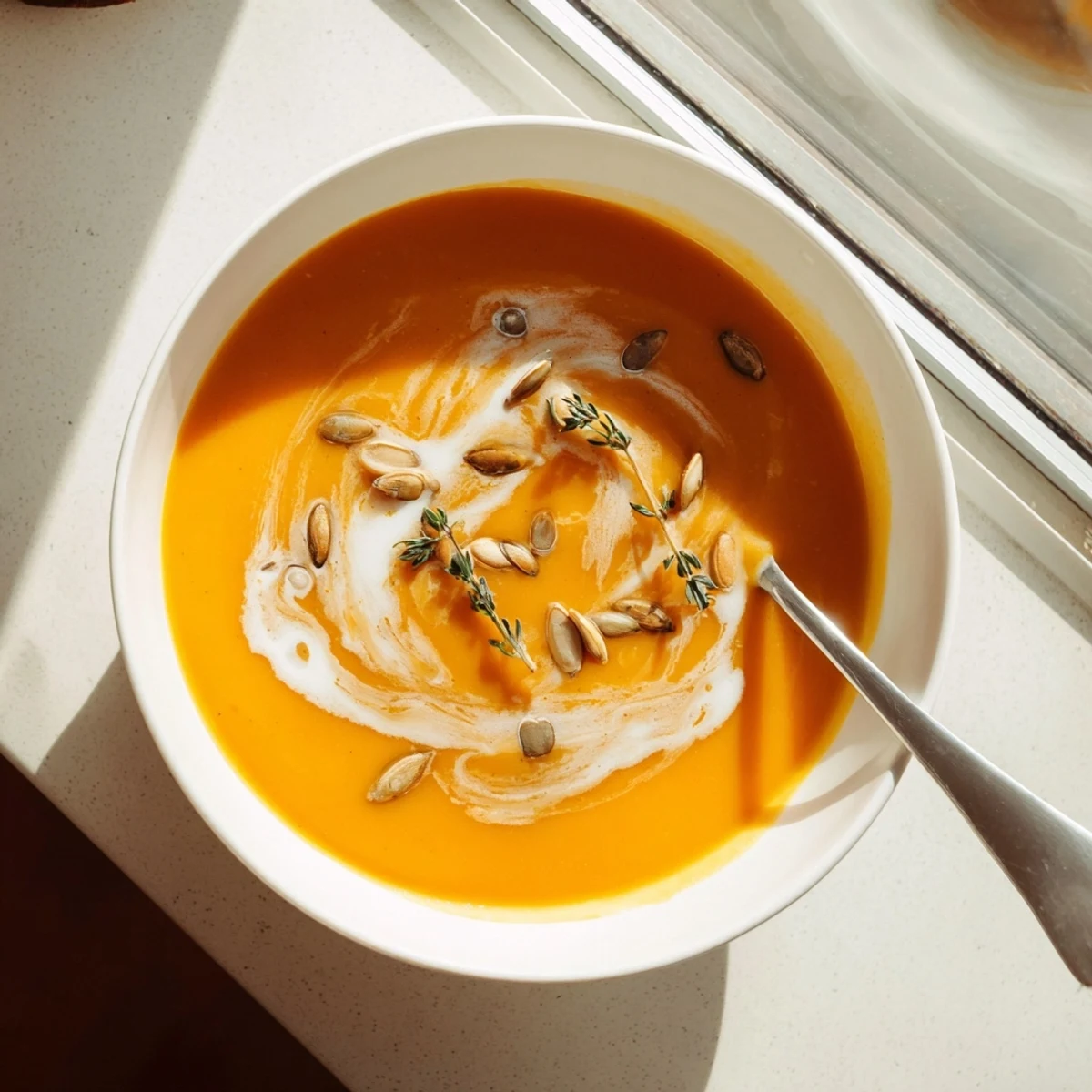 Creamy roasted butternut squash soup with caramelized vegetables and a garnish of fresh thyme