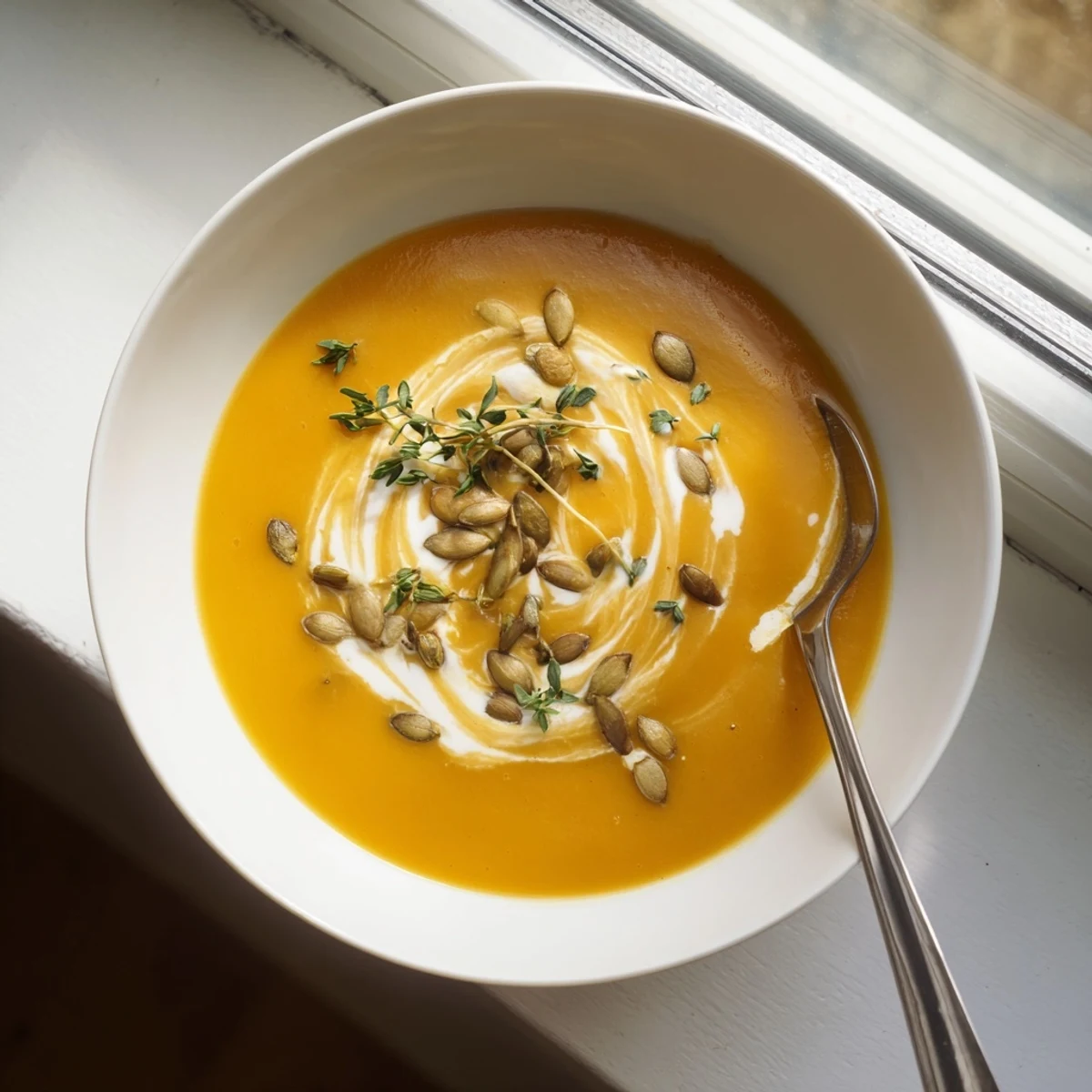 Golden bowl of butternut squash soup topped with toasted pumpkin seeds and cream swirl